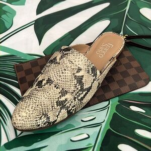 Franco Sarto cream and gray snake slide loafers